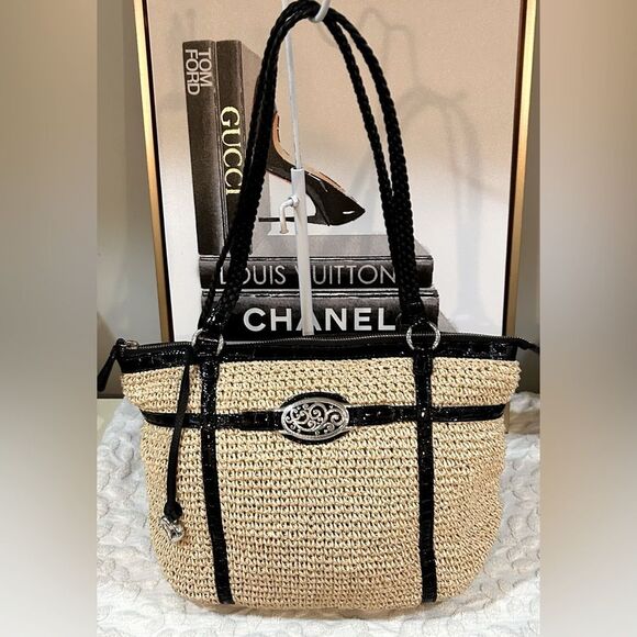 Brighton Black & Tan Woven Straw Tote Shoulder Bag with Leather Trim - Picture 1 of 10
